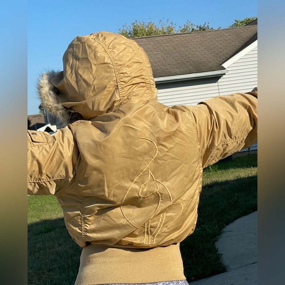 A Tan with a golden design Baby Phat Winter Puffer Jacket